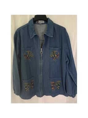 Vintage Passion-I Southwestern Kokopelli Embroidered Denim Utility Jacket Large